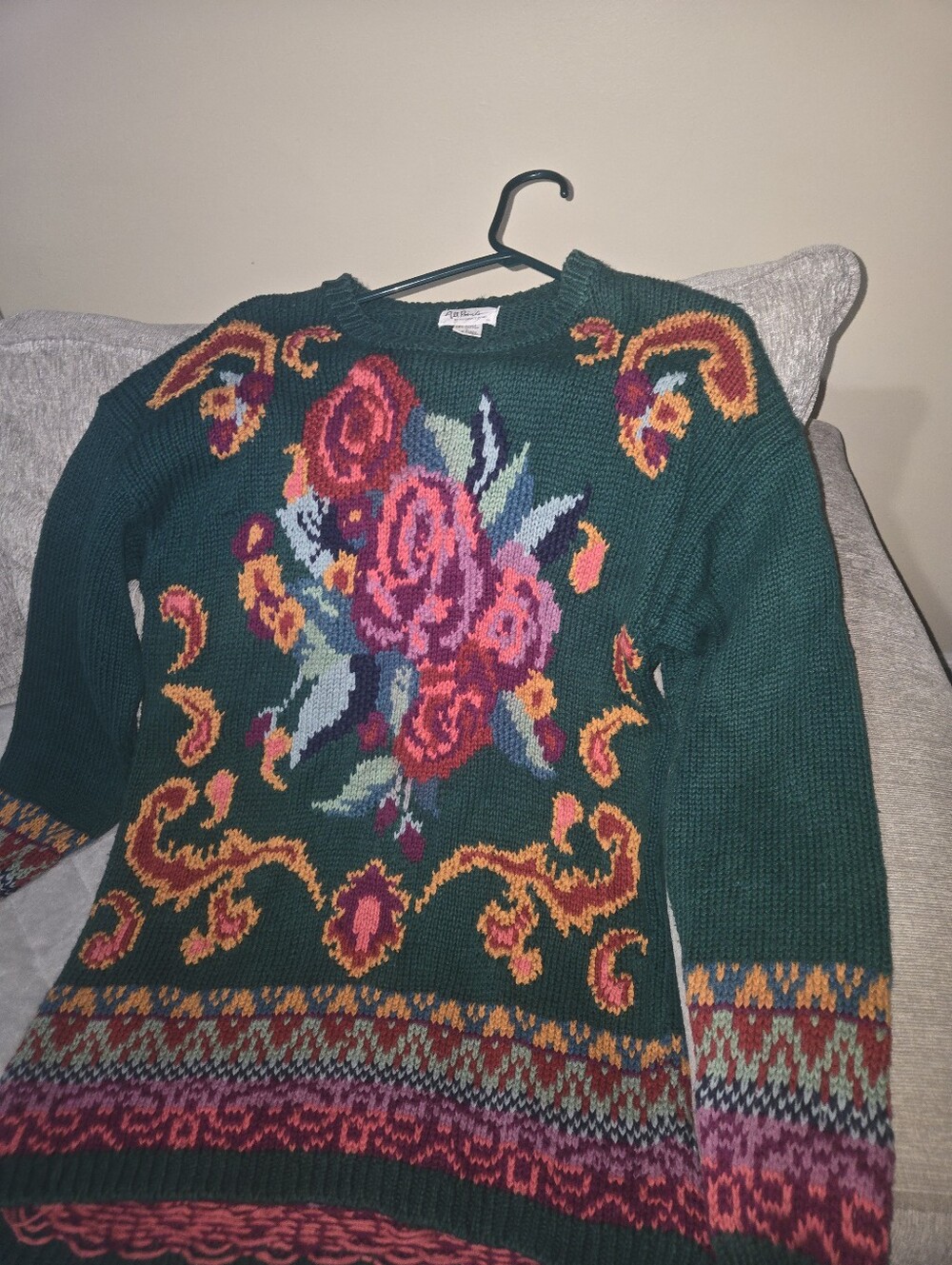 Green Floral Intarsia Crewneck Sweater